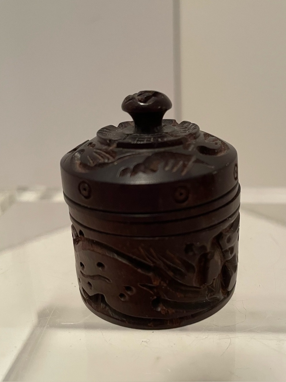 Vintage Hand-Carved Round Wooden Trinket Box with Lid - Small Keepsake Box